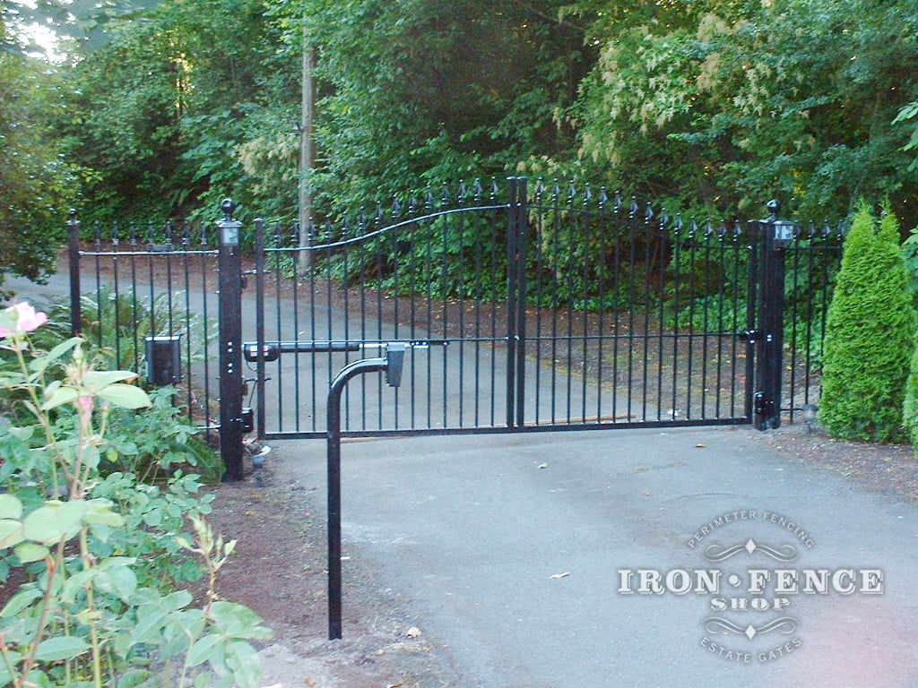 12ft Wide Single Piece Iron Driveway Gate in 5ft to 6ft Arch Profile with GTO Opener and Keypad (Style #1: Classic)