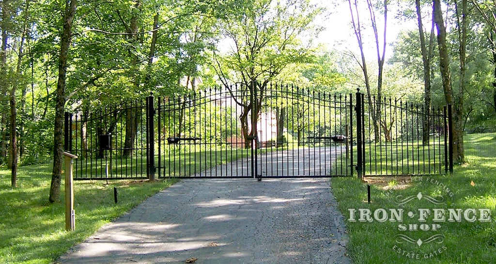 14ft Wide Iron Driveway Gate with Transition Wing Panels (6' Arching to 7'Gate)