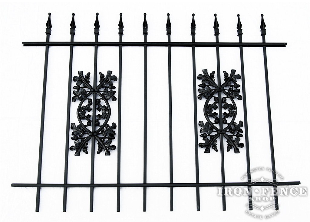 3ft Tall Traditional Grade Wrought Iron Fence with Oak Add-On Decoration 