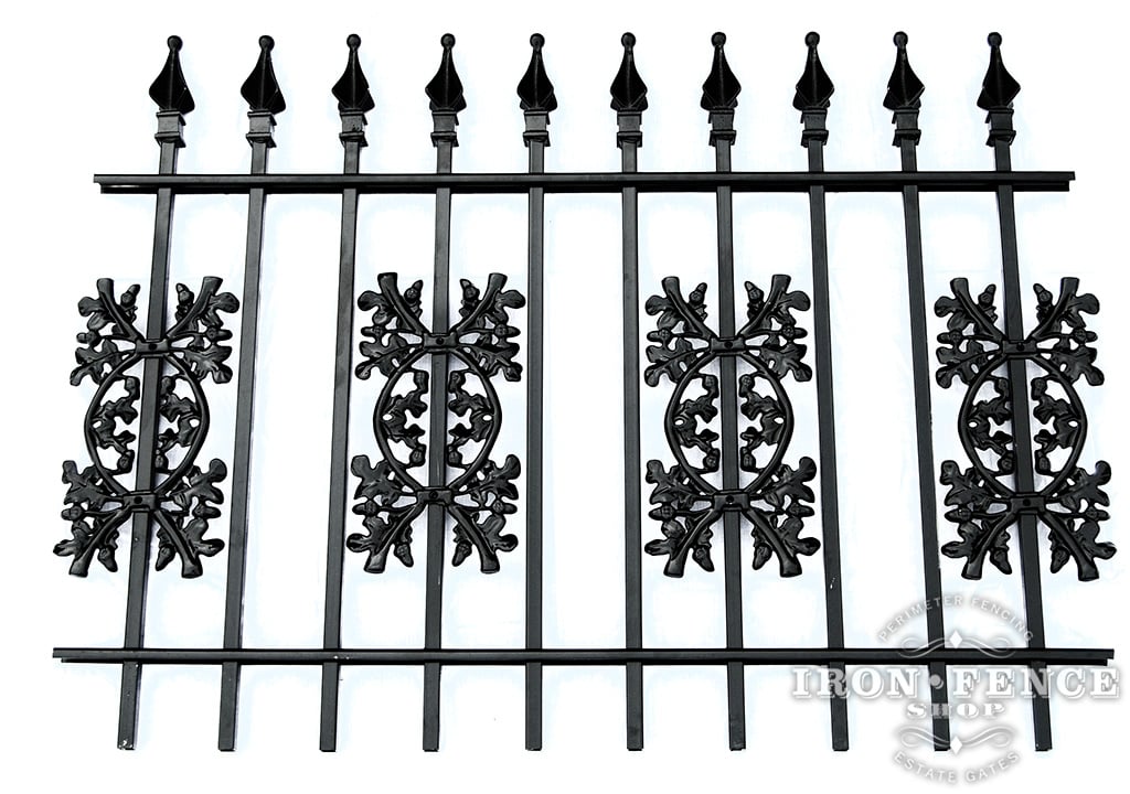 3 Foot Tall Classic Style Signature Grade Wrought Iron Fence with Oak Add-on Decorations