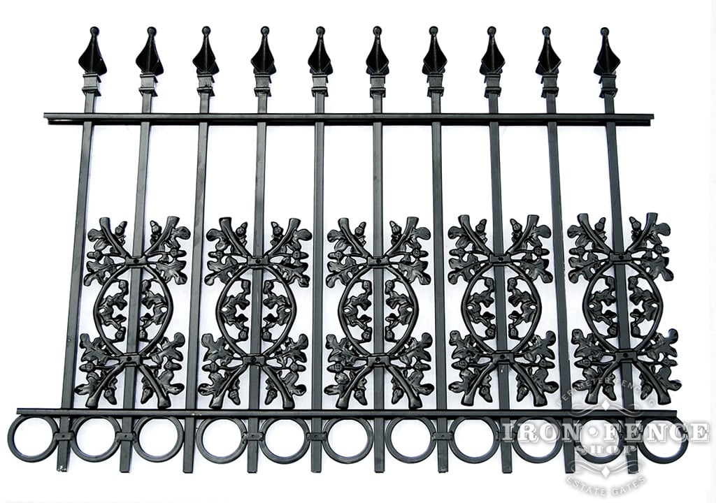 3 Foot Tall Wrought Iron Fence in Classic Style Signature Grade with Oak and RIng Add-on Decorations Acting as a Puppy Picket Dog Barrier