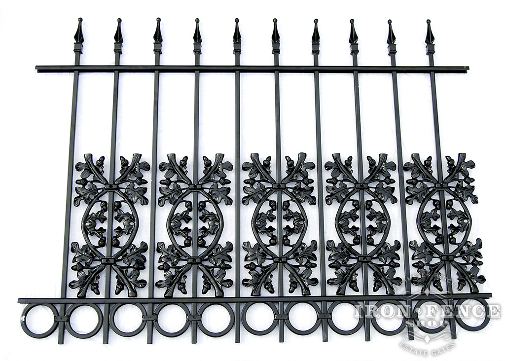 3 Foot Tall Traditional Grade Wrought Iron Fence with Add-On Oak and Ring Decorations Acting as Puppy Pickets