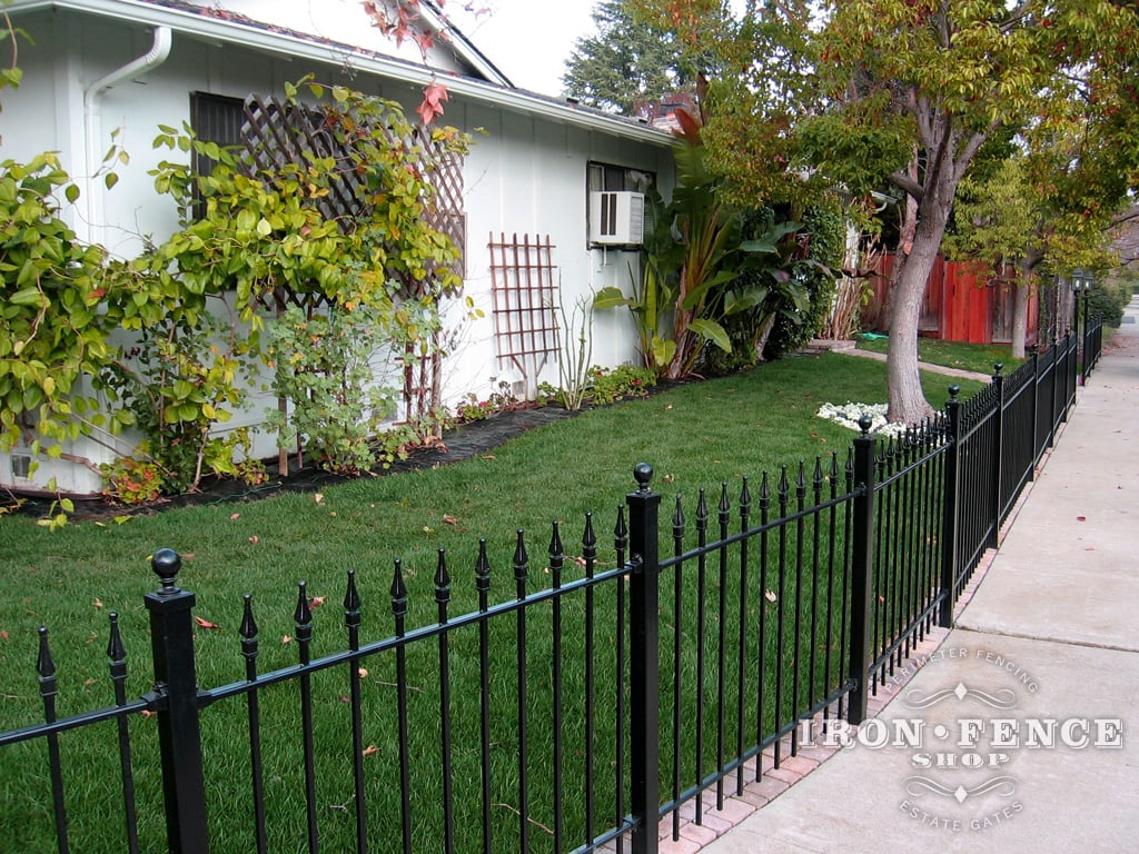 3ft Tall Traditional Grade Iron Fence Panel Curved Along a Sidewalk with Pavers Underneath (Style #1: Classic)