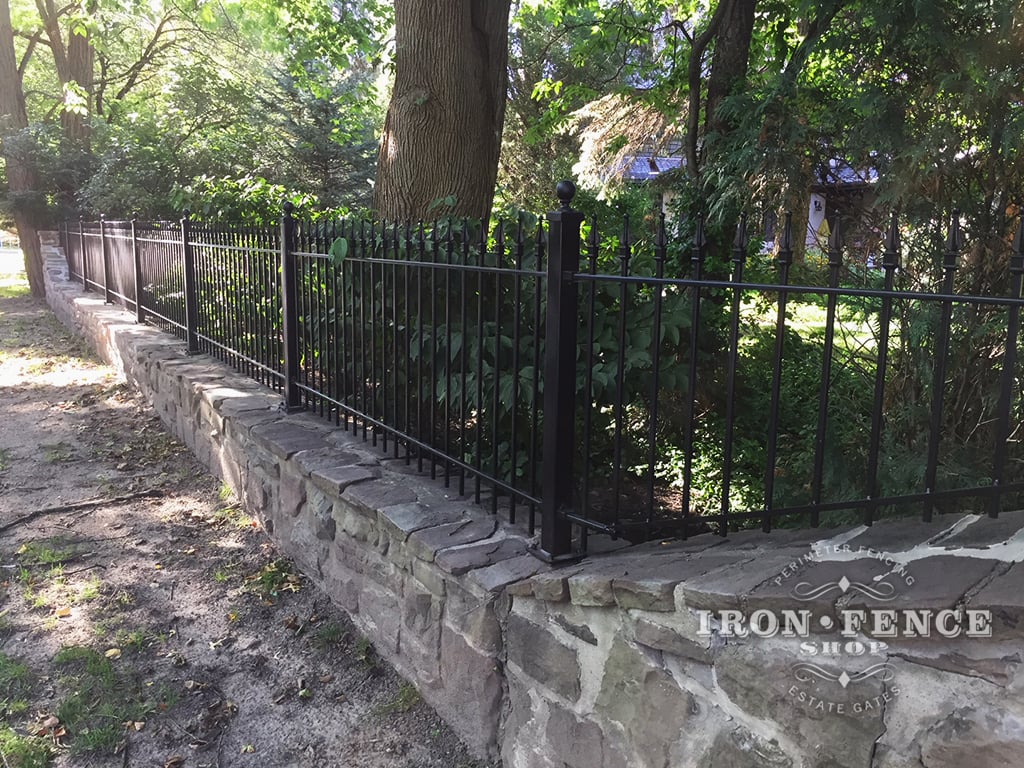 3ft Wrought Iron Fence Installed on a Wall Top with Flange Posts