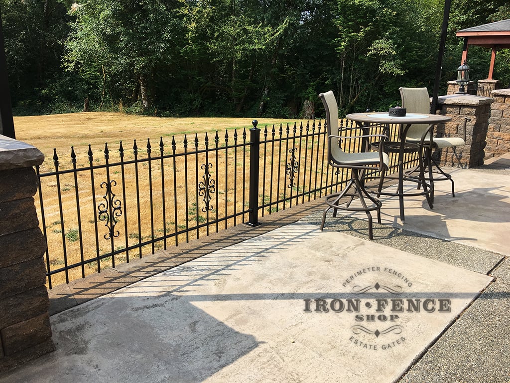 3ft Classic Iron Fence on a Patio with Flange Posts and Guardian Decorations