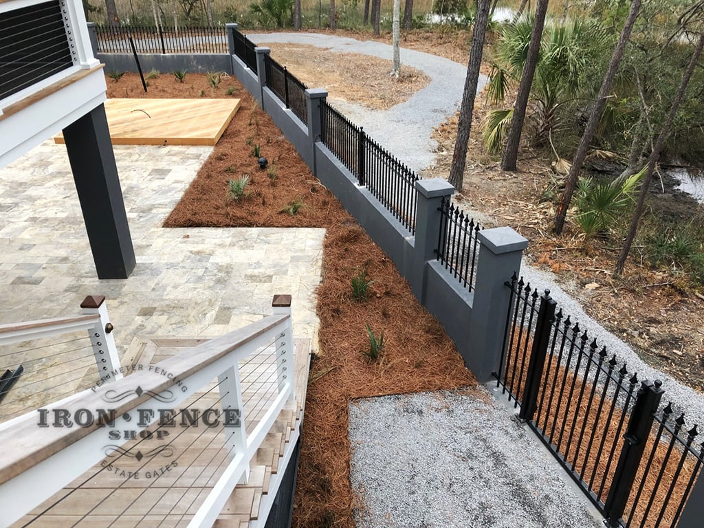 3ft Tall Classic Iron Fence Installed on a Wall Top with Flange Posts