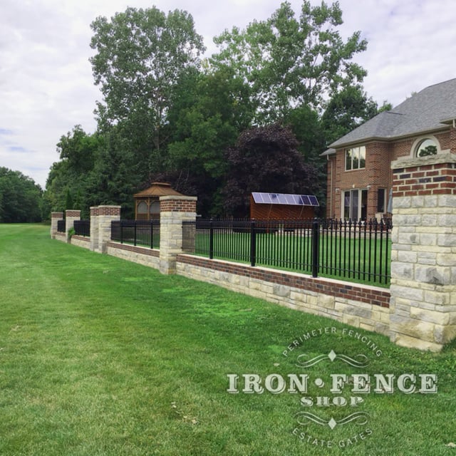 3ft Tall Wrought Iron Fence Panels in Classic Style and Signature Grade Installed on a Knee Wall with Columns