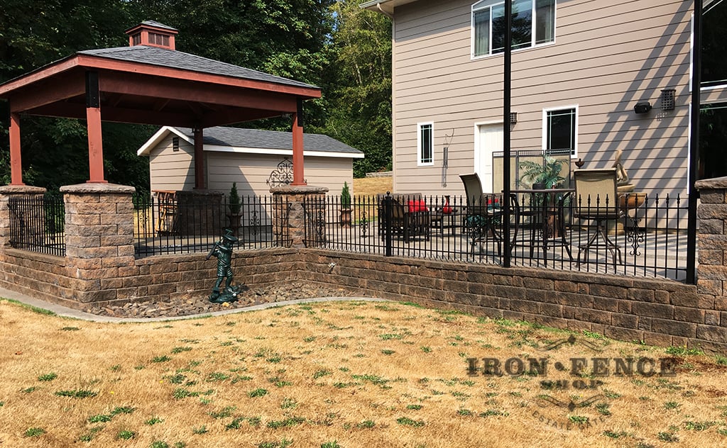 3ft Classic Iron Fence on a Patio with Flange Posts and Guardian Decorations