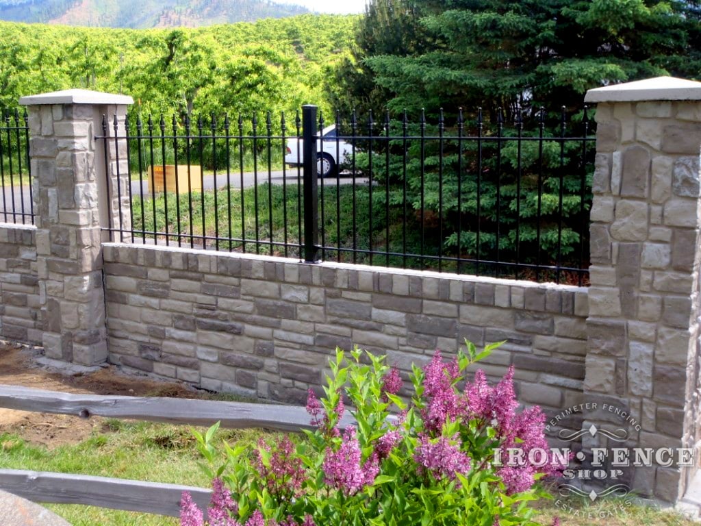 Wrought Iron Fence Installed on a Stone Wall Top with Flange Posts (3ft Tall Classic Style in Traditional Grade)