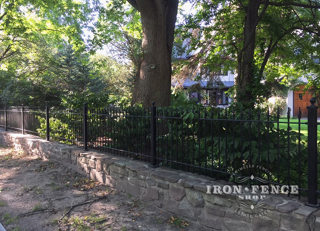 3ft Tall Iron Fence Installed on a Stone Wall Top with Surface Mount Posts