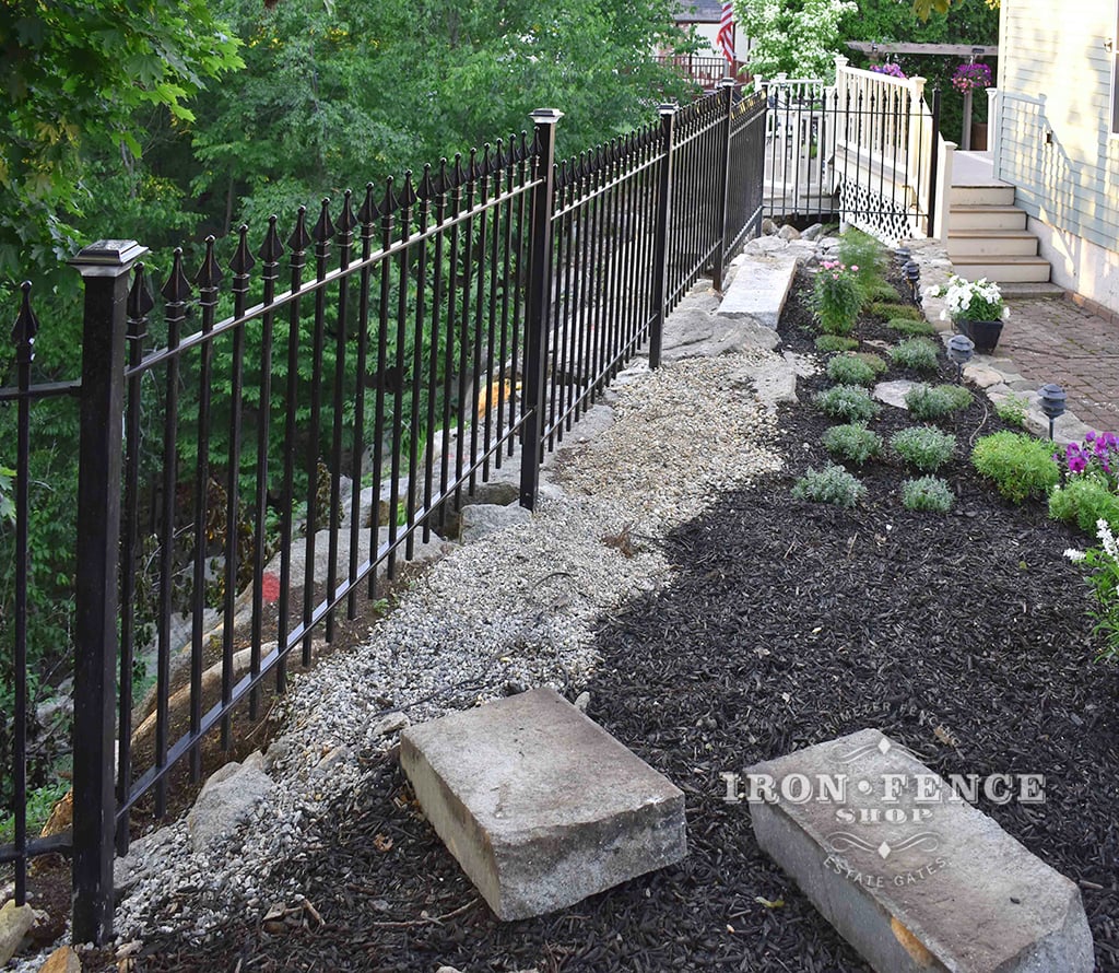 Our 4ft Tall Signature Grade Classic Iron Fence Installed along a Side Yard