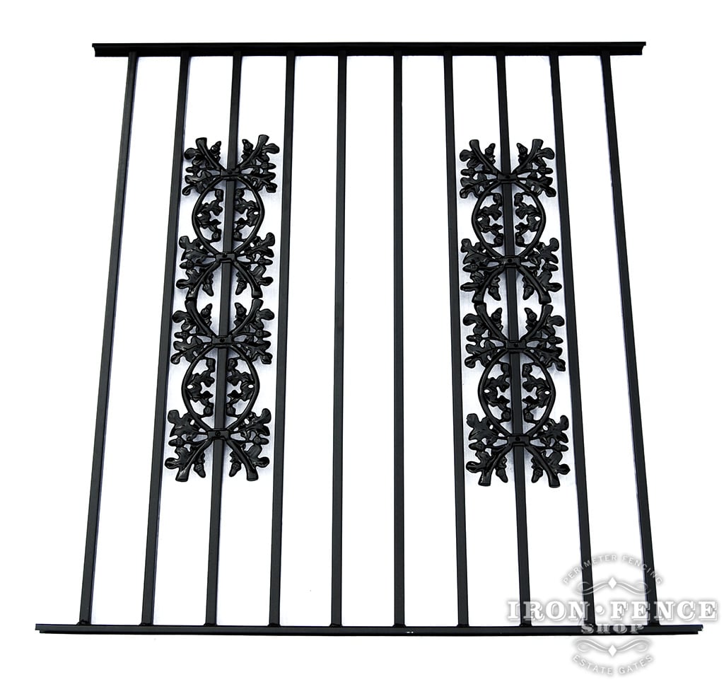 50in Tall Pool Style Wrought Iron Fence in Signature Grade with Stacked Oak Add-on Decorations 