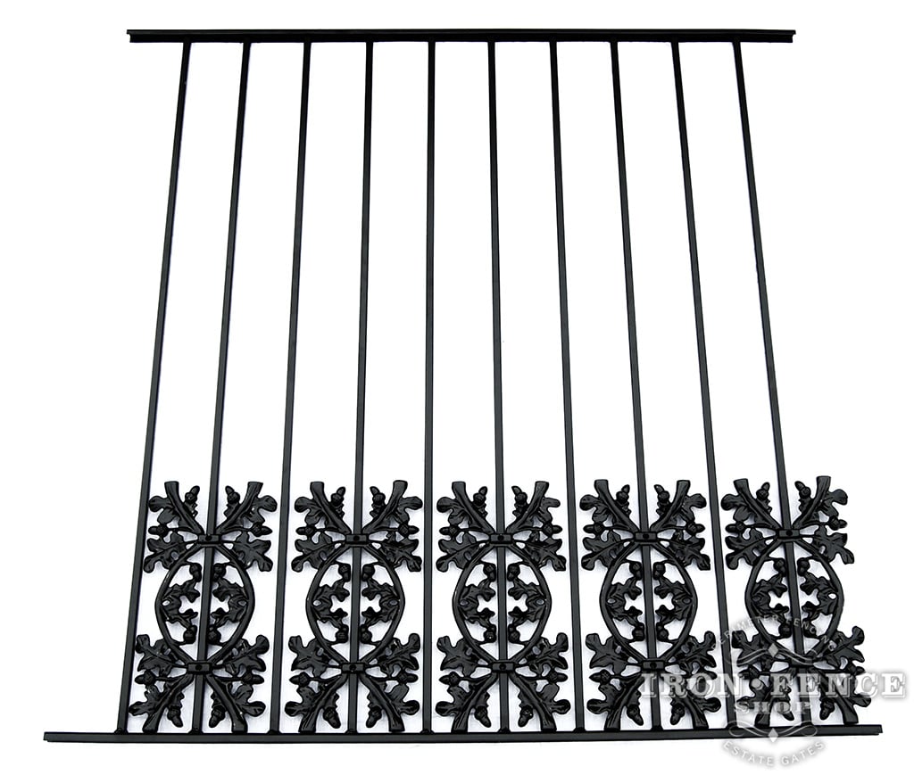 50in Tall Wrought Iron Pool Fence in Traditional Grade with Oak Decorations Acting as a Puppy Picket Dog Barrier