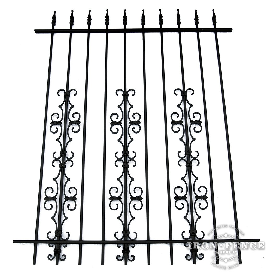 5ft Tall Wrought Iron Fence in Traditional Grade with Stacked Guardian And Butterfly Add-on Decorations
