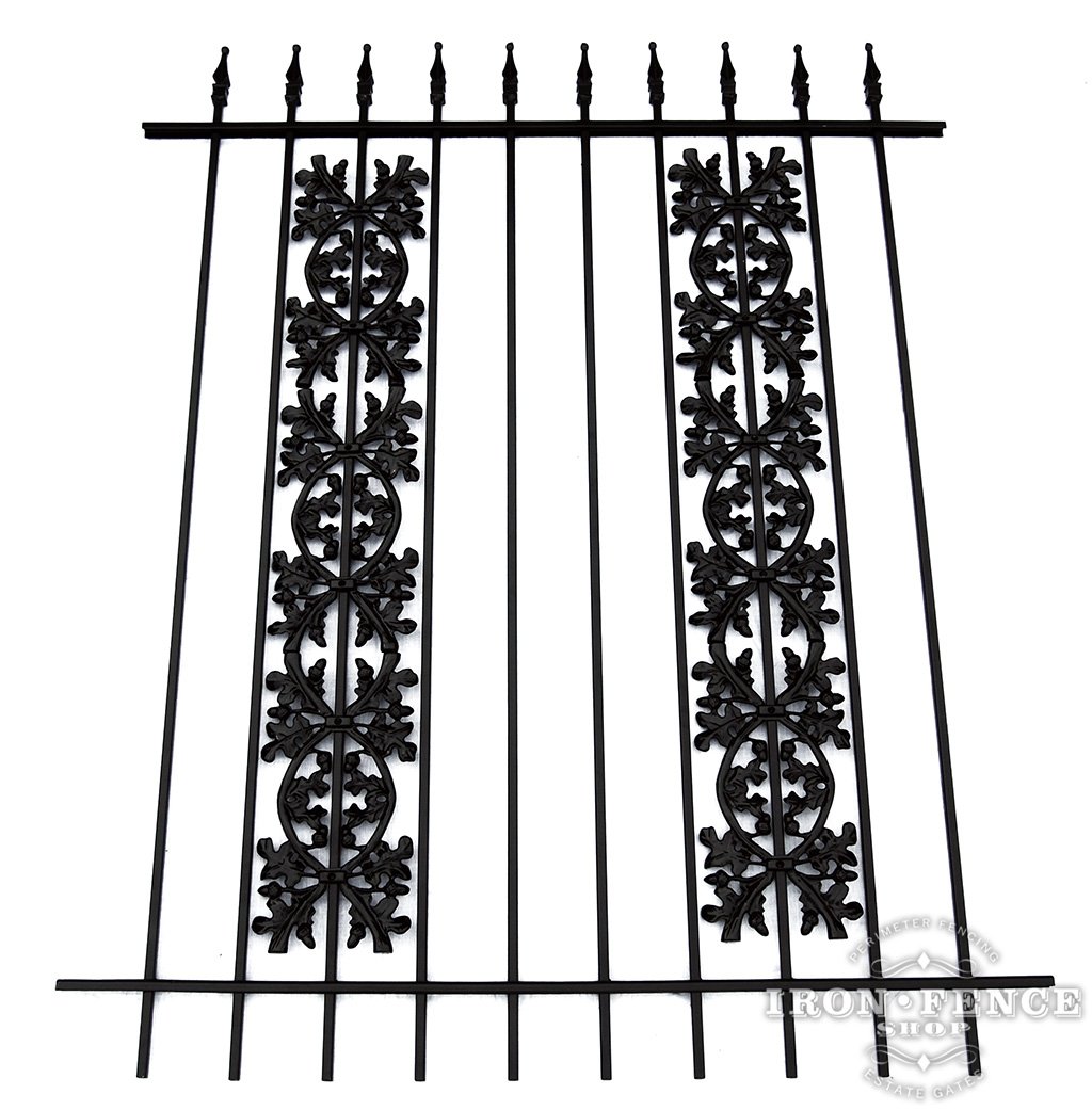 5ft Tall Wrought Iron Fence in Traditional Grade with 4 Stacked Rows of Oak Add-on Decorations