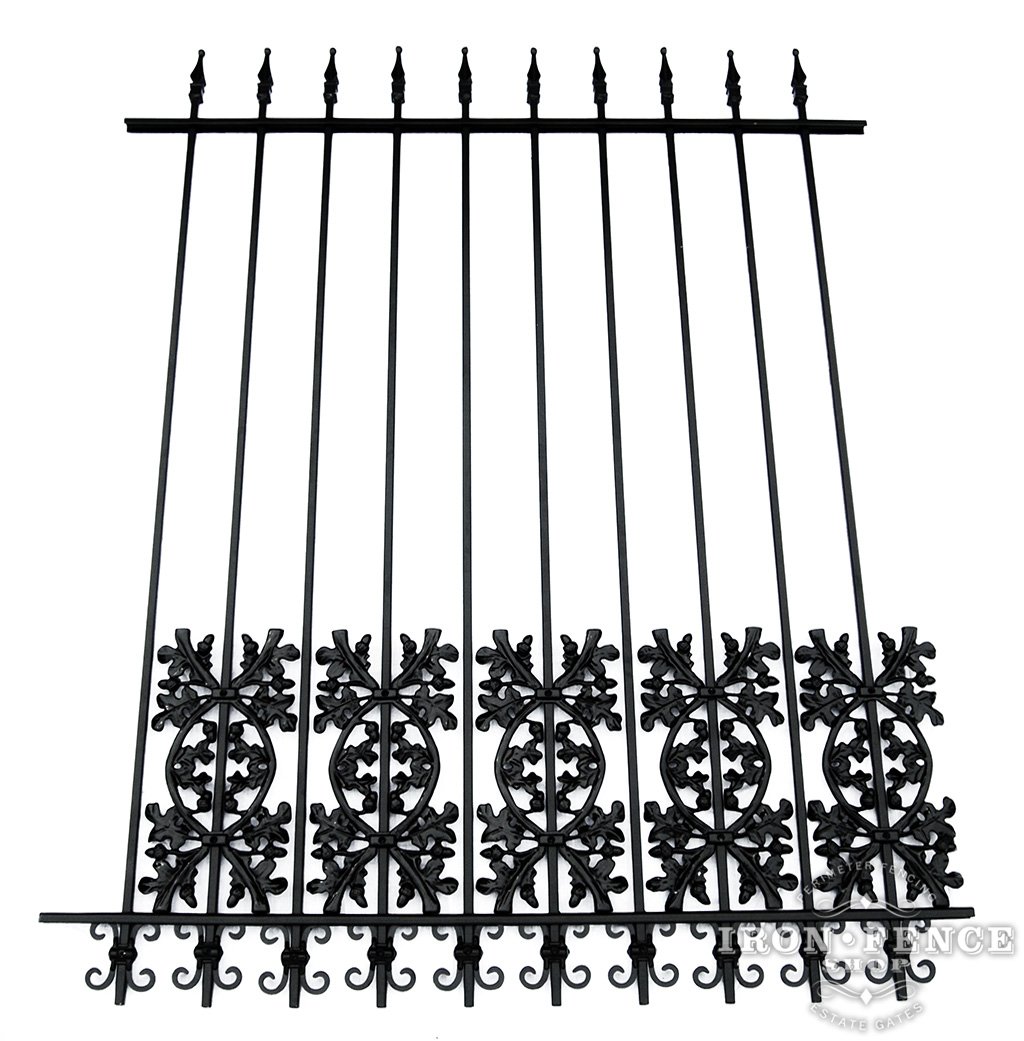 5ft Tall Wrought Iron Fence in Traditional Grade using Oak and Butterfly Add-on Decorations as a Puppy Picket Dog Barrier