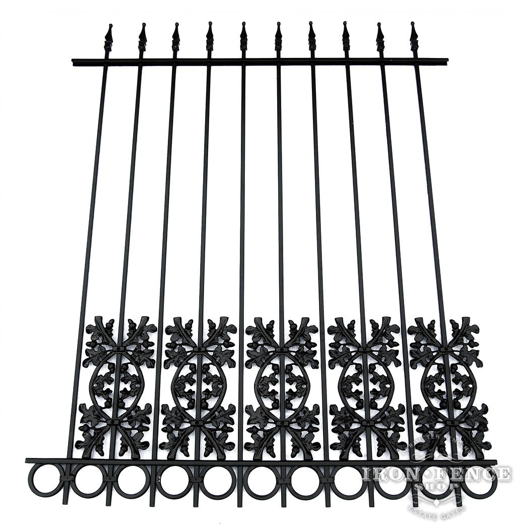 5ft Tall Wrought Iron Fence in Traditional Grade using Oak and Ring Add-on Decorations as a Puppy Picket Dog Barrier