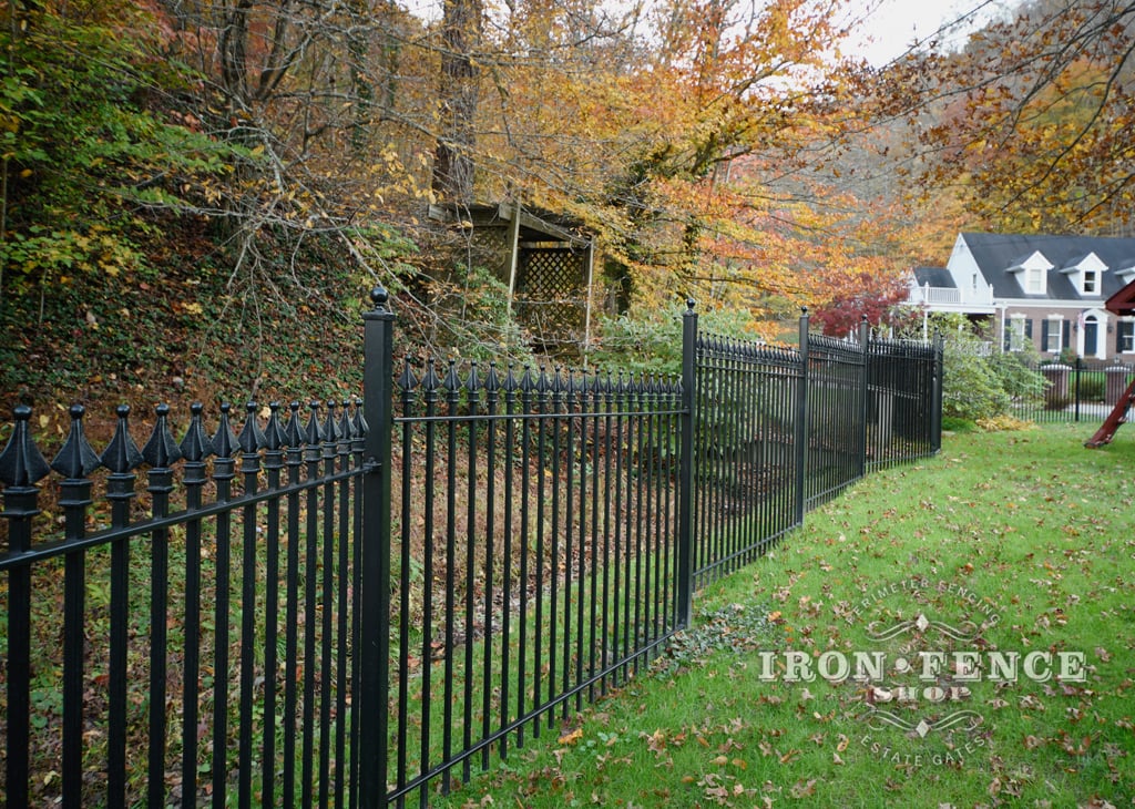 5ft Classic Wrought Iron Fence Stepped Down a Sloped Hill
