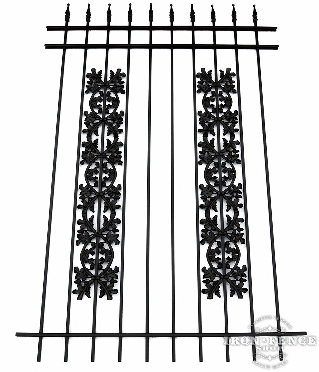 6ft Tall Classic Style Wrought Iron Fence in Traditional Grade with Stacked Oak Add-On Decorations