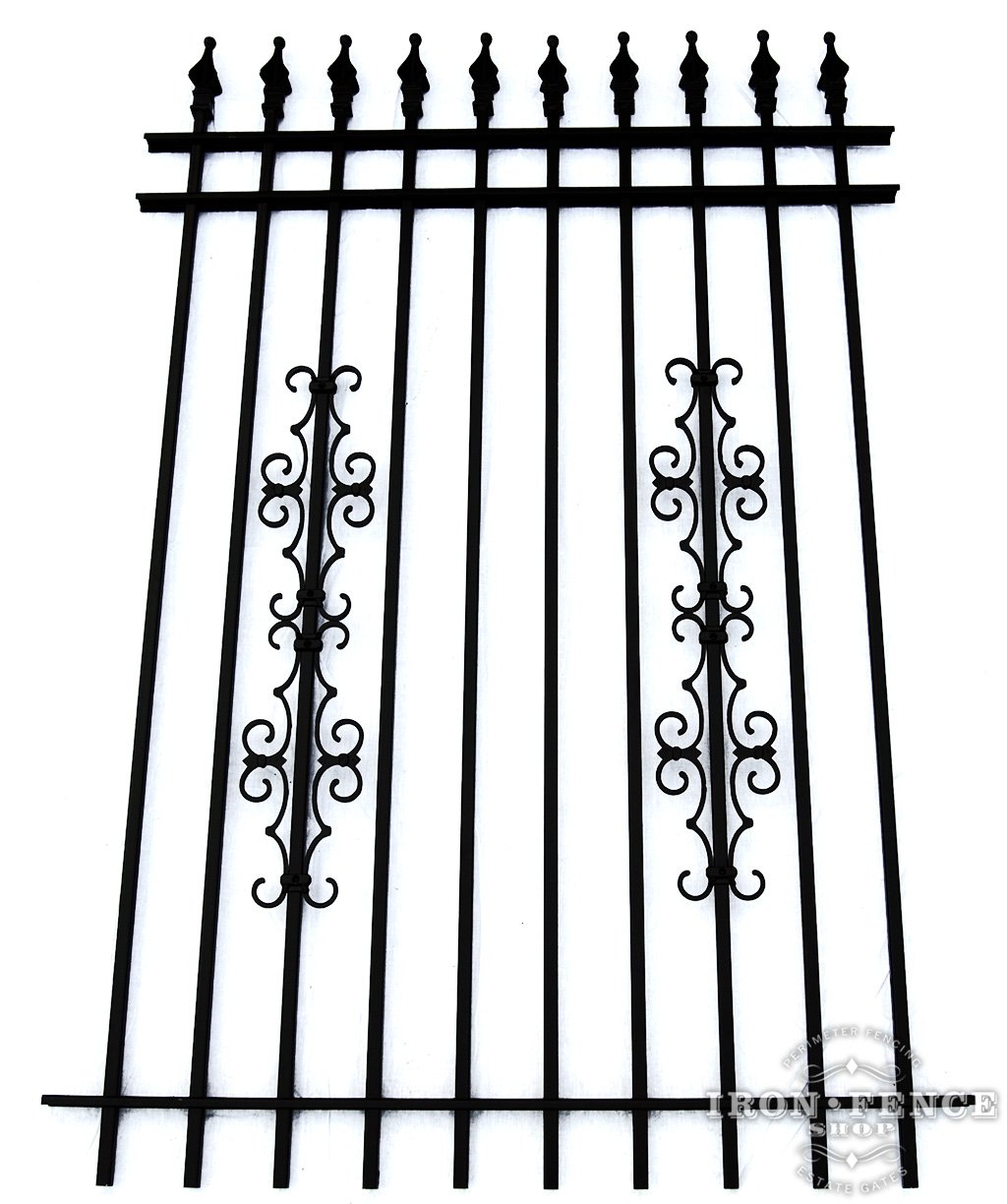 6 Foot Tall Classic Style Signature Grade Wrought Iron Fence with Stacked Guardian Add-on Decorations