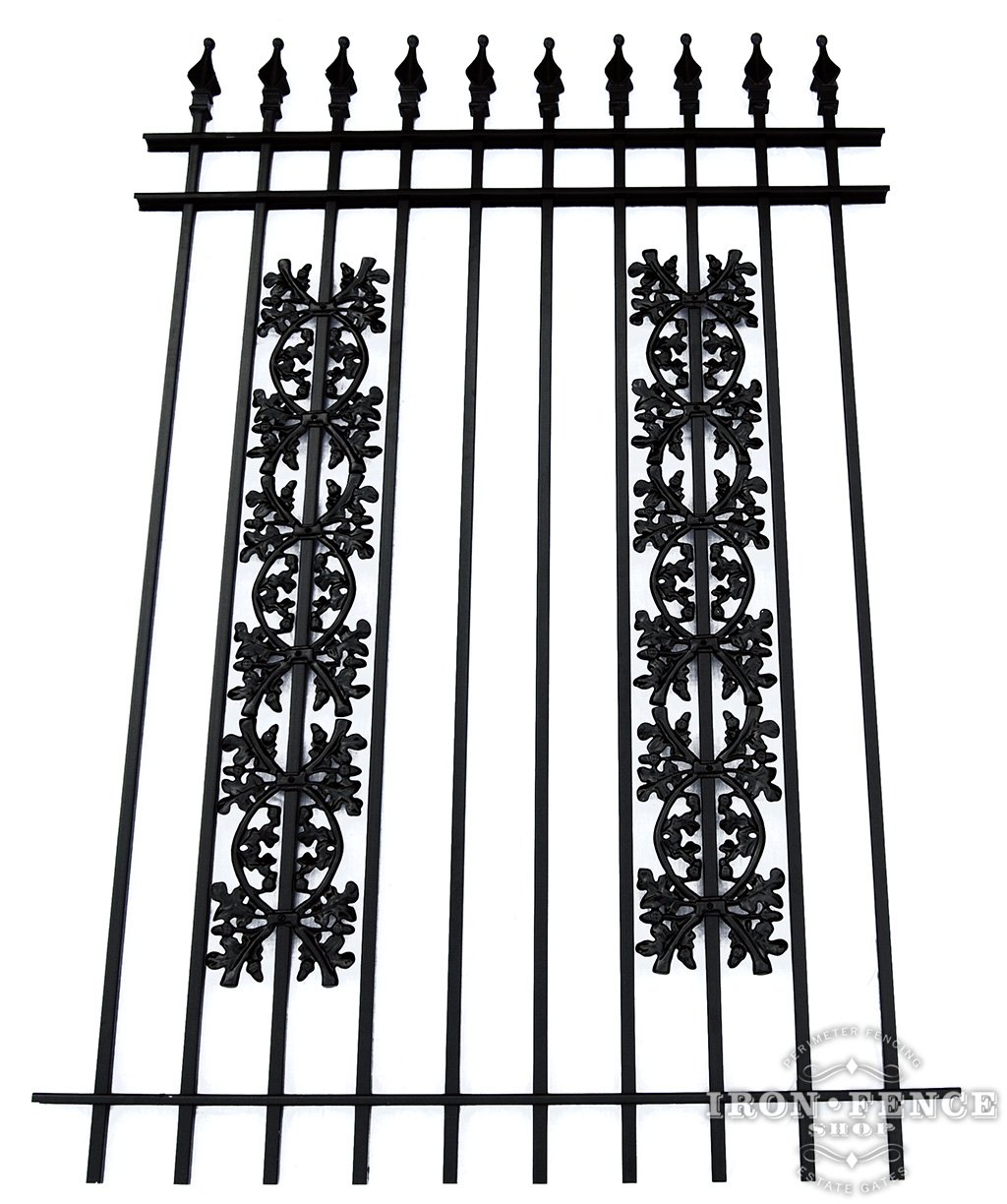 6 Foot Tall Classic Style Signature Grade Wrought Iron Fence with Stacked Oak Add-on Decorations