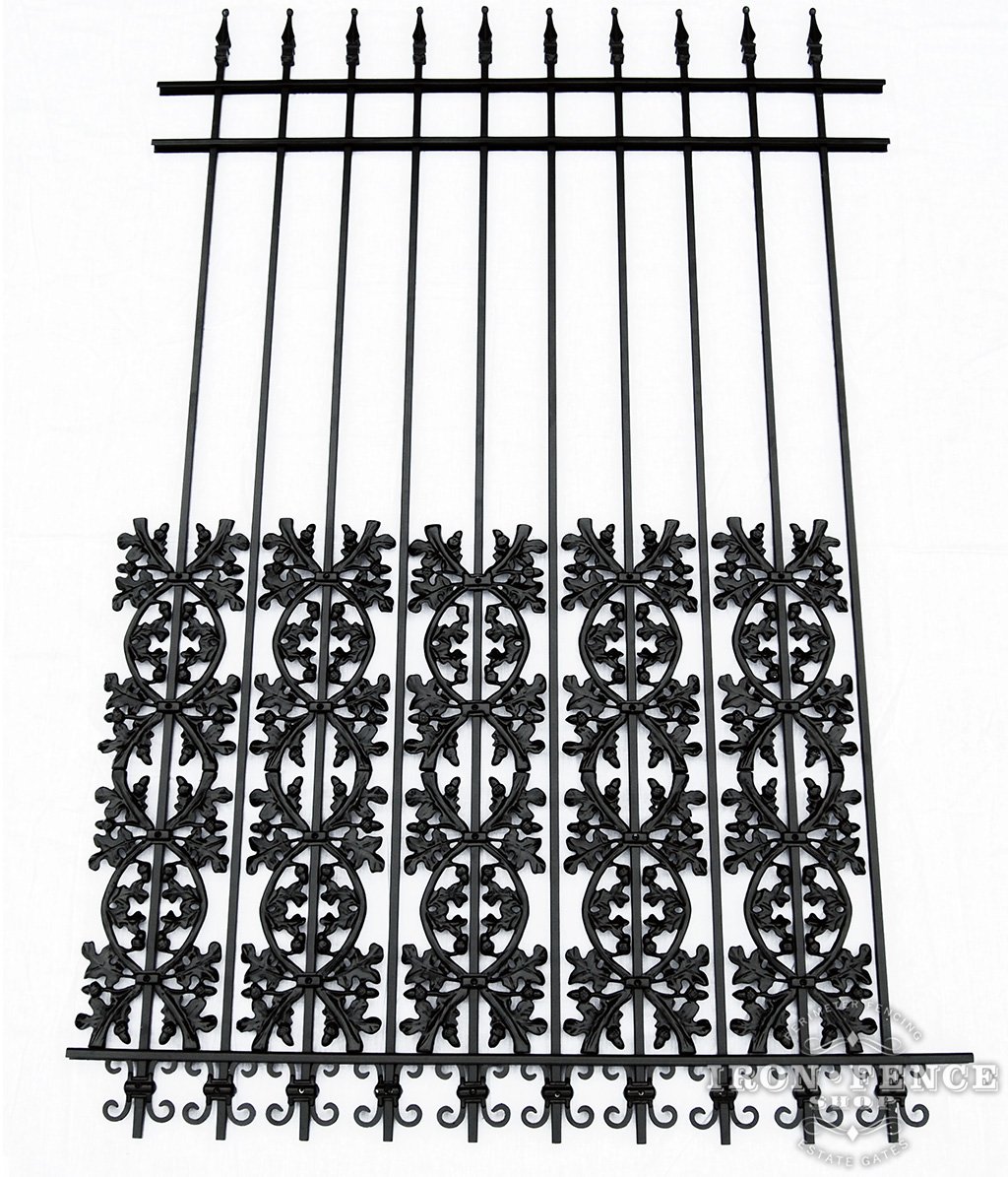 6ft Tall Classic Style Wrought Iron Fence in Traditional Grade with Stacked Oak And Butterfly Add-On Decorations Acting as a Puppy Picket Dog Barrier