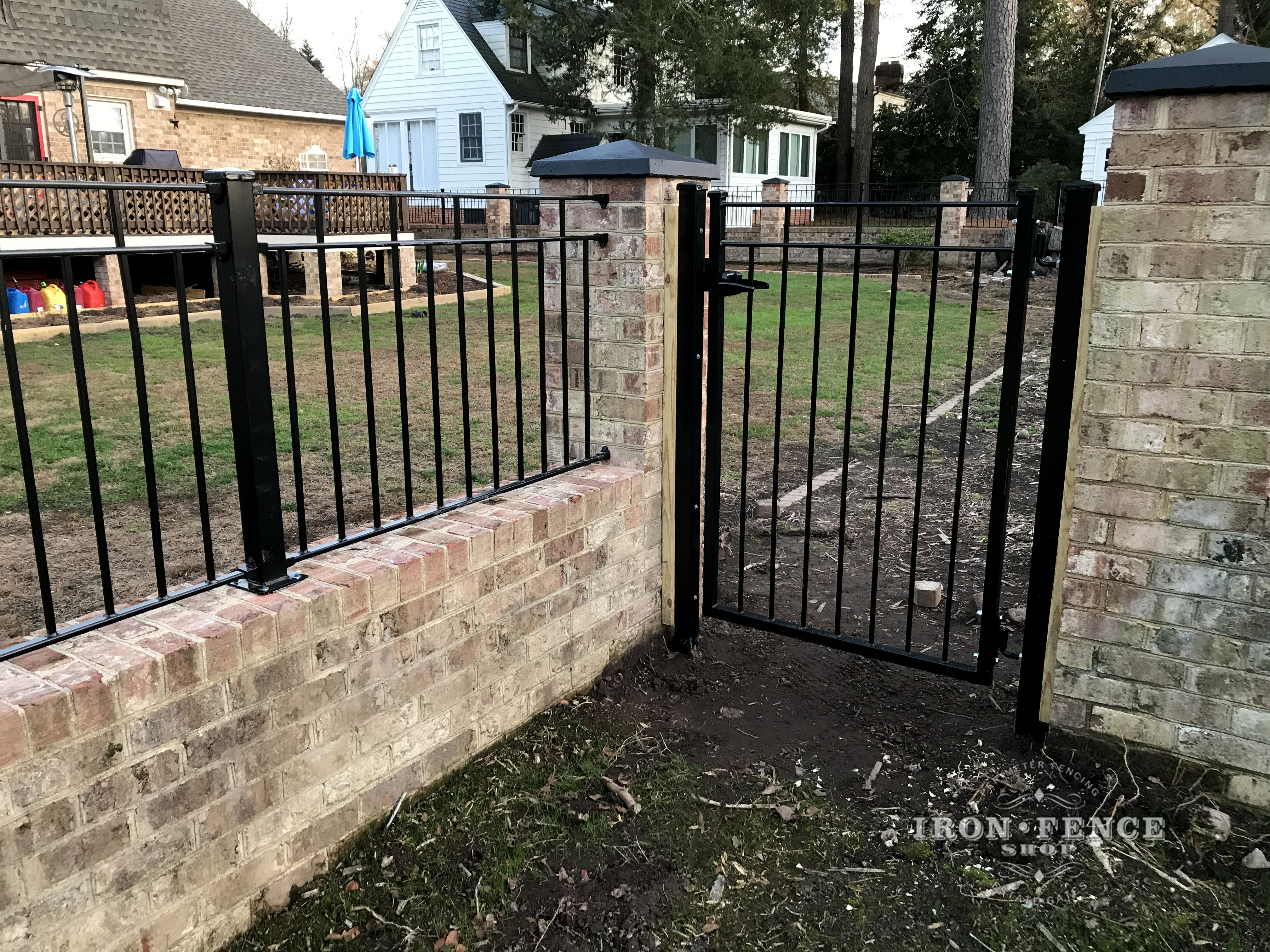 Custom Stronghold Iron Gate and Fence Panels to Mount Between Brick Wall and Columns