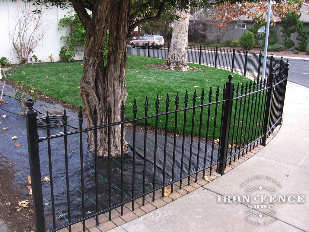 3ft Tall Traditional Grade Iron Fence Curved Along a Sidewalk Using Angle Brackets (Style #1: Classic)