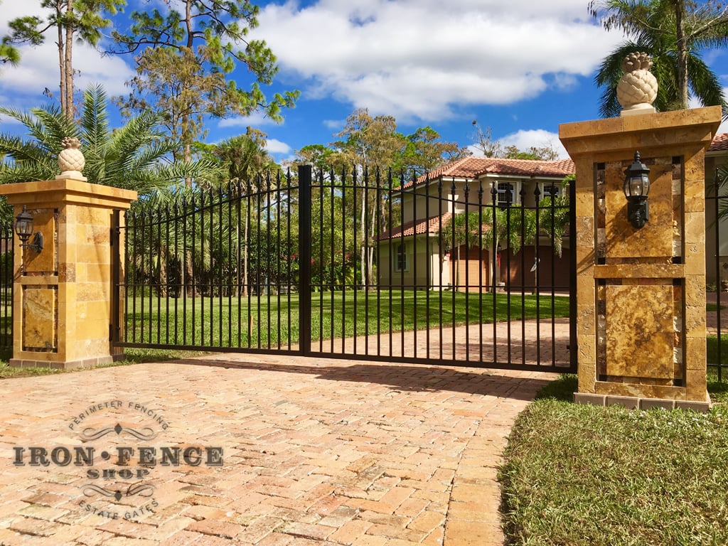Wrought Iron Classic Style Driveway Gate Mounted to Masonry Columns (14ft Wide x 5ft to 6ft Arch Height)