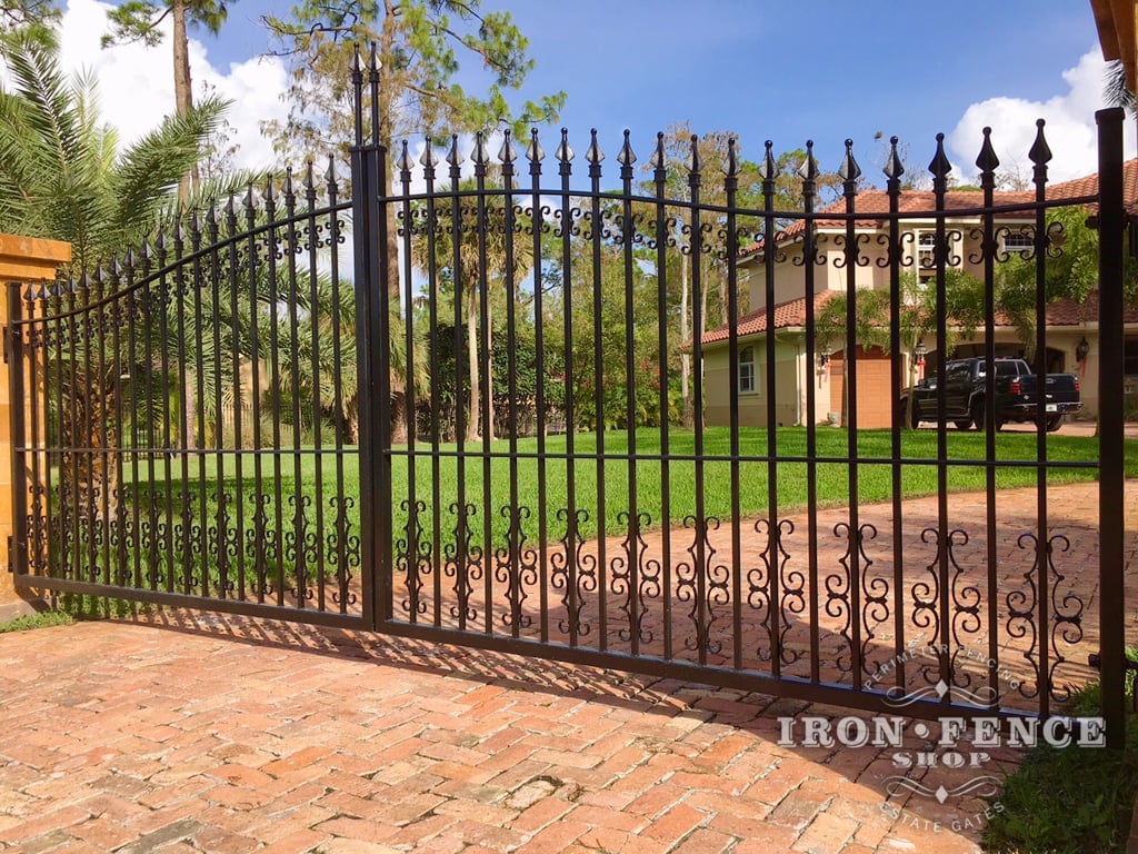 Iron Driveway Gate in Classic Style with Guardian and Butterfly Scroll Add-on Decorations (14ft x 5ft arching to 6ft)