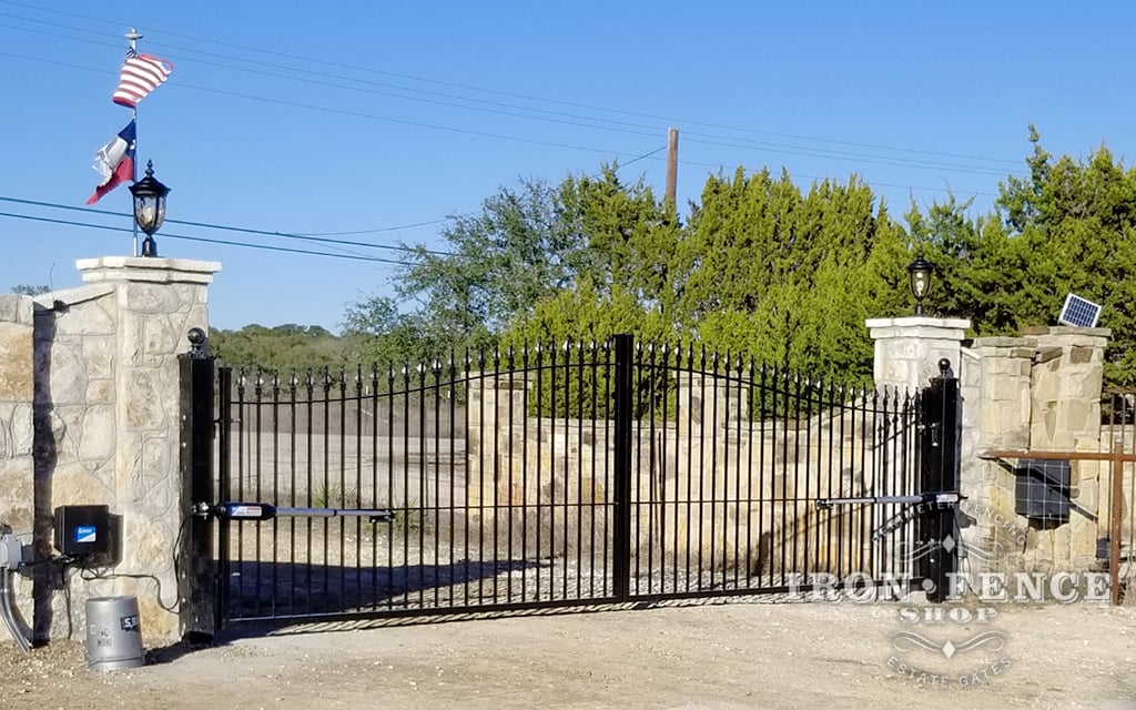 Iron Driveway Estate Gate with Stone Columns and Linear PRO Automation