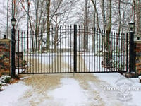 16ft Wide x 6ft to 7ft Arch Height Driveway Gate in Signature Grade Iron - Customer Mounted Post Lights and Decorative Outer Brick Pillars