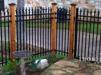 5ft Tall Signature Grade Aluminum Fence (Style #1 Classic) Mounted to Custom Stained Wood Posts with Wall Brackets for Patio Enclosure