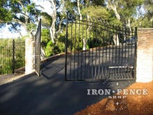 16ft Wide Signature Grade Iron Driveway Gate with 6ft to 7ft Profile - GTO automatic Openers with Push to Open (PTO) Brackets (Style #1: Classic)