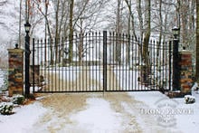 16ft Wide x 6ft to 7ft Arch Height Driveway Gate in Signature Grade Iron - Customer Mounted Post Lights and Decorative Outer Brick Pillars