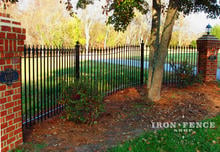4ft tall iron steel fence panel curved to follow slope between brick columns (Based on Style #1 - Classic)