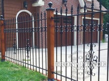 4ft Tall Classic Style Iron Fence with Add-on Decorations Mounted to Stained Wood 4x4 Posts
