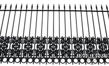 4ft Tall Wrought Iron Fence in Traditional Grade Using Oak and Ring Add-on Decorations as Puppy Pickets