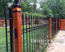 4ft Tall Iron Fence with Cast Decorations on Stained Wood 4x4 Posts