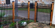 5ft Tall Signature Grade Aluminum Fence (Style #1 Classic) Mounted to Custom Stained Wood Posts with Wall Brackets for Patio Enclosure