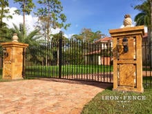 Iron Driveway Gate in Classic Style with Guardian and Butterfly Scroll Add-on Decorations (14ft x 5ft arching to 6ft)