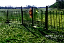 Custom iron arched double gate with puppy pickets and star finials (Style #3 - Staggered Spear)