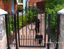 4ft tall custom Signature grade iron walk gate with integrated initial, custom finials and puppy pickets (Style #15 - Puppy Picket Finials)