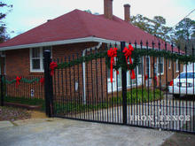 Iron 6ft arching to 7ft driveway gate with matching iron 4ft puppy picket fence