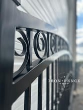 Q-Scrolls on Regal Style Arched Iron Driveway Gate
